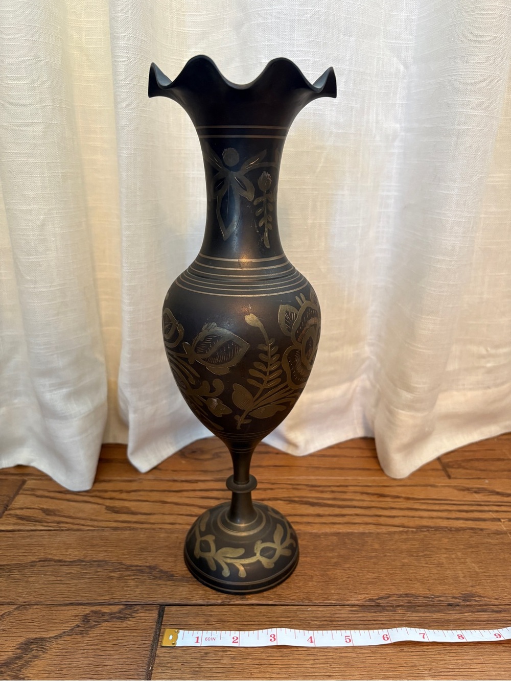 Vintage Black Enamel Etched Brass Vase - Floral Fluted Ruffle Edge